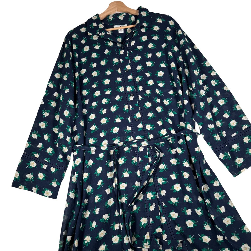 Draper James x Lands End Navy Floral Magnolia Cotton Shirt Dress 1X 16W-18W